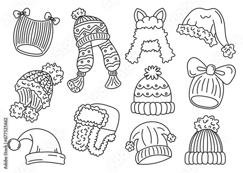 Set of hand-drawn winter hats