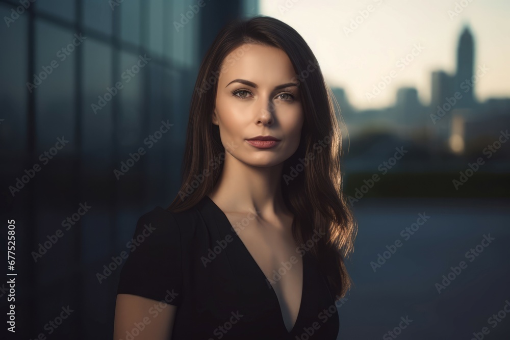 Beautiful young brunette businesswoman taking photo. Professional woman modern elegant executive. Generate Ai