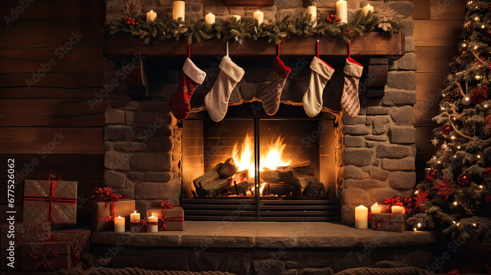 Elegant fireplace setting, Christmas wreath, and stockings AI generative Elegant fireplace setting, Christmas wreath, and stockings AI generative