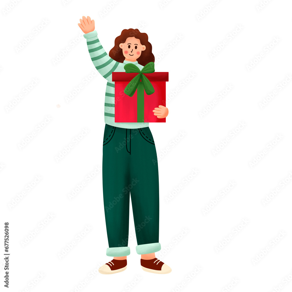 flat illustration of a cheerful woman carrying a big Christmas gift flat illustration of a cheerful woman carrying a big Christmas gift