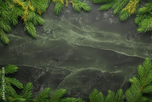 Christmas background with green fir branches like a border on dark marble background photo