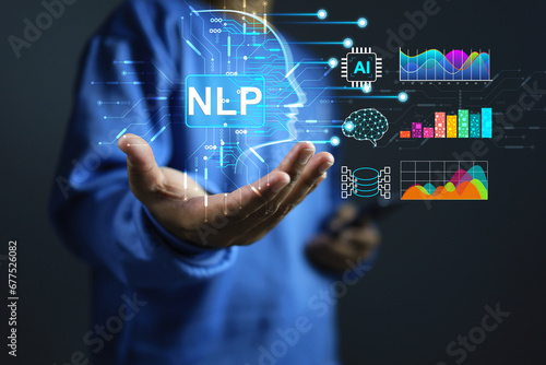 Natural language processing NLP concept with a man hand holding ai artificial intelligence and work on machine learning interface to communicate through applications