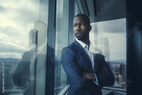 Black man office manager portrait near window. Ceo computer innovation digital company. Generate Ai