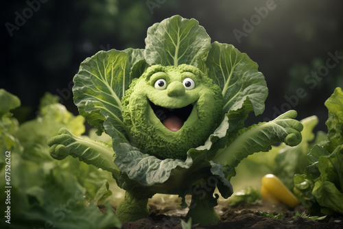 Cheerful lively green cabbage with a smile on its face in the vegetable garden.