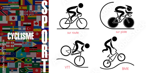 Ensemble de pictogrammes représentant les 4 disciplines sportives réalisées avec un vélo - Texte sur un fond de drapeaux mondiaux, Traduction : sport, cyclisme.