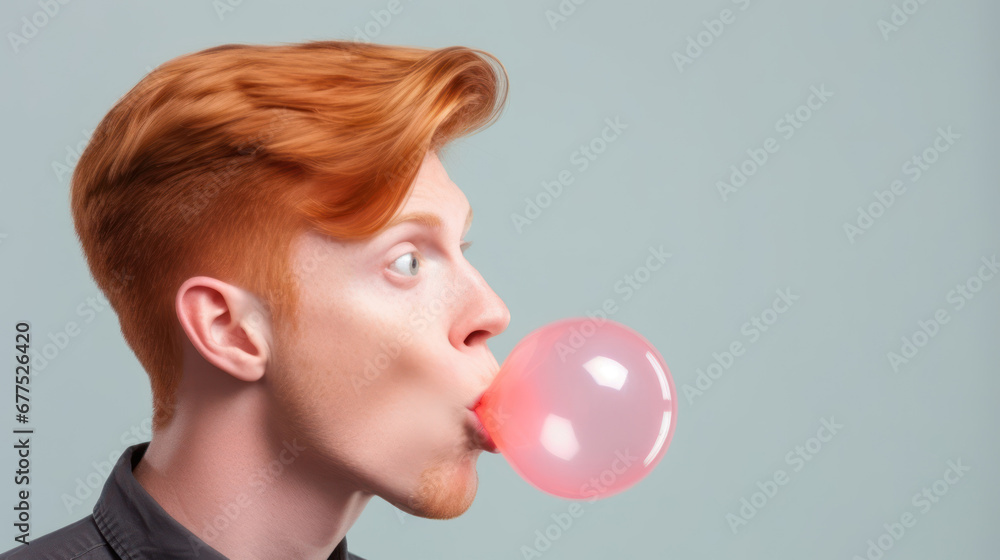 young adult male blowing a bubblegum bubble closeup young adult male blowing a bubblegum bubble closeup