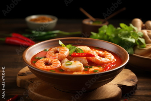 spicy prawn soup placed on a wooden table, Tom Yum Goong