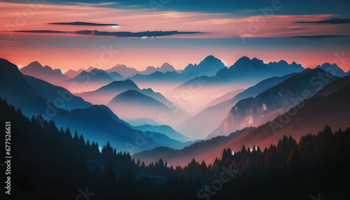 A mountain landscape at sunset with soft color transitions in the sky and mountains.