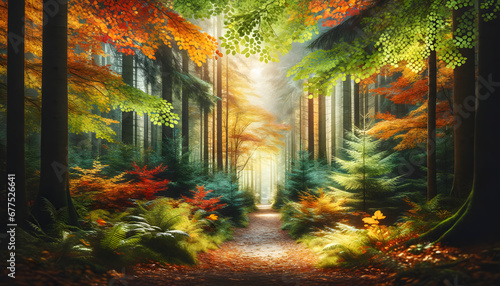 A forest path surrounded by colorful autumn leaves, conveying a sense of calm and nature.