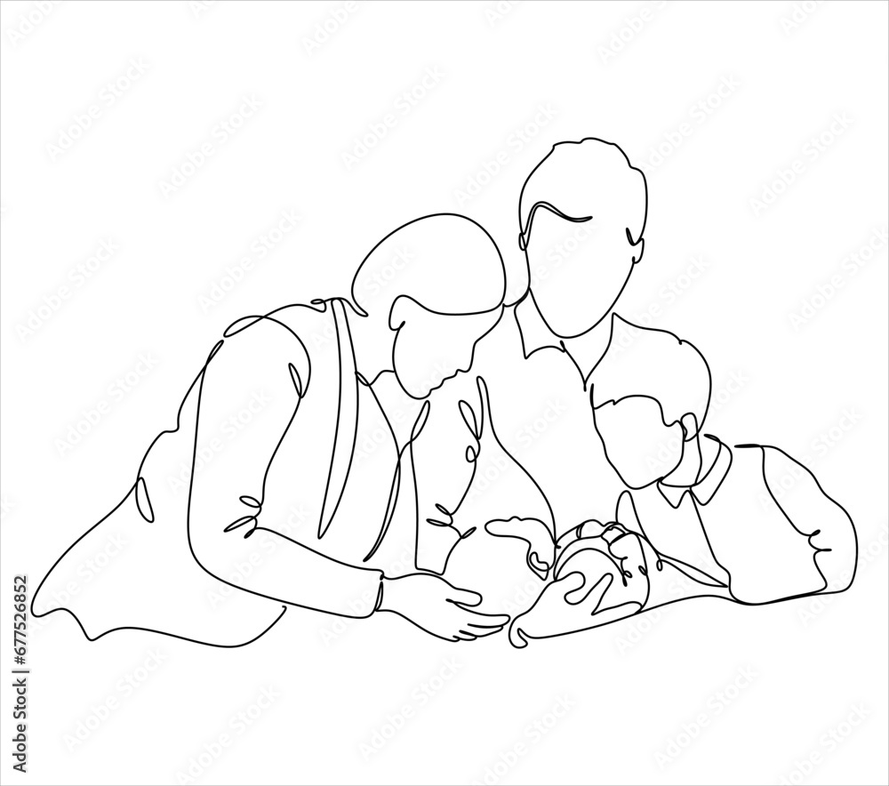 Continuous one line drawing of happy family. Vector illustration. Continuous one line drawing of happy family. Vector illustration.