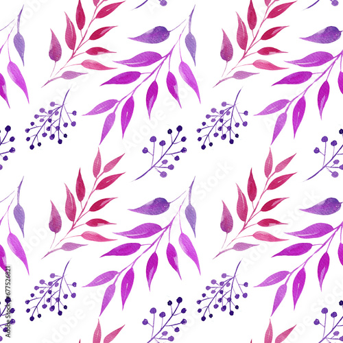 watercolor seamless pattern with pink and magenta leaves, violet berries, hand drawn illustration, sketch, rose color, purple color, herbal ornament, isolated on white background