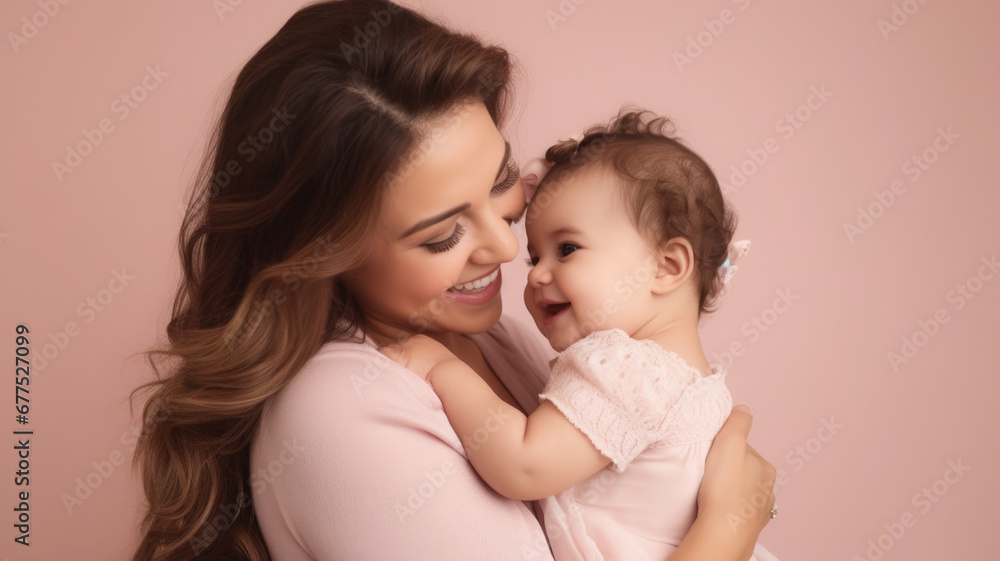 Smiling mother holding her laughing baby daughter