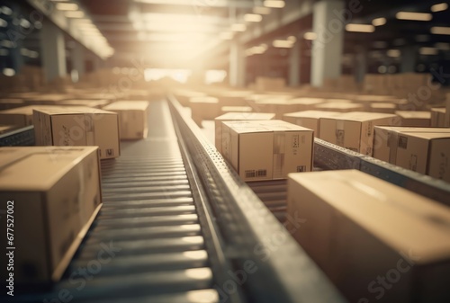 Boxes conveyor belt warehouse morning working. Stock box delivery machinery system. Generate Ai © nsit0108