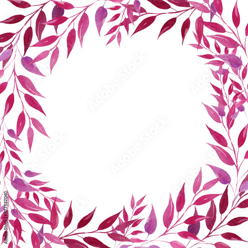 watercolor frame with pink and magenta leaves, hand drawn illustration, sketch, rose color, purple color herbal ornament, isolated on white background