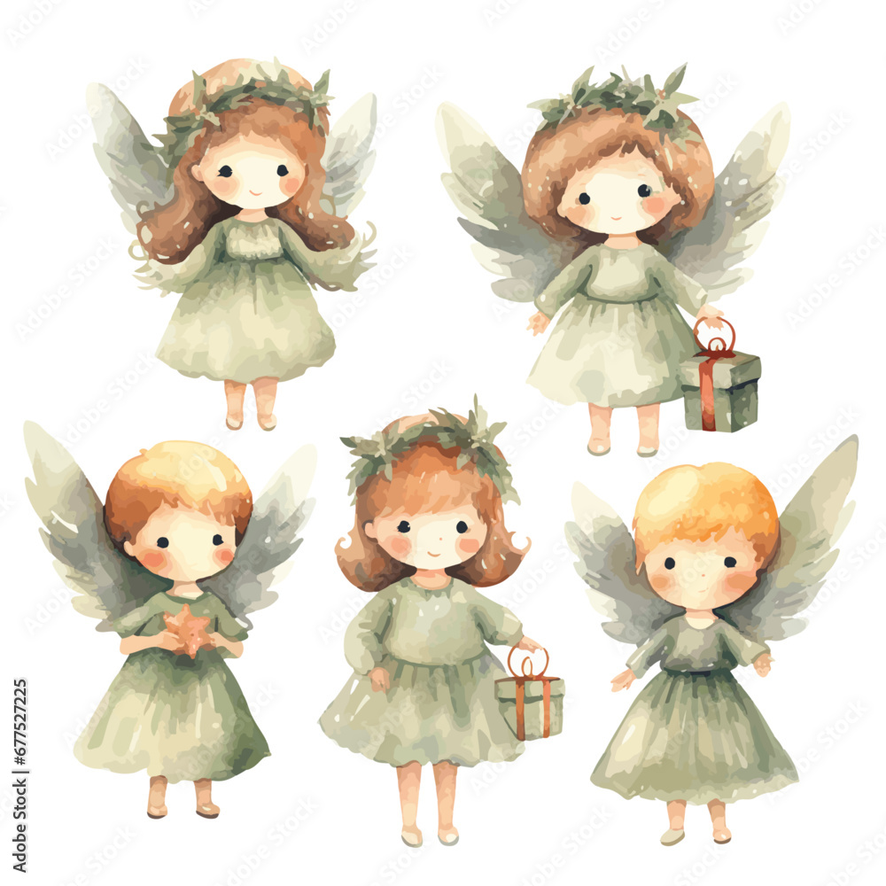 set of little angels wearing green dresses vectors set of little angels wearing green dresses vectors
