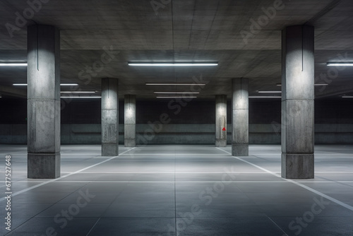 Front view of new empty underground parking with concrete columns  shiny asphalt  and nobody inside