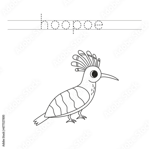 Trace the letters and color cartoon hoopoe. Handwriting practice for kids.