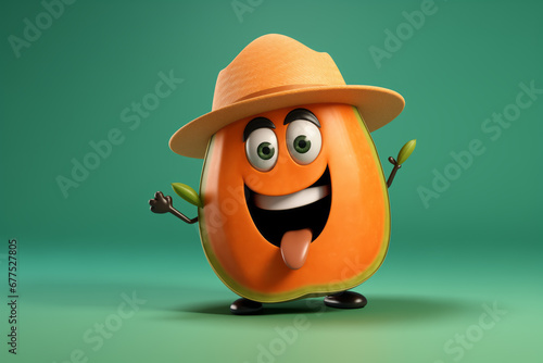 Cheerful animated orange papaya with a smile on his face and a hat on his head.