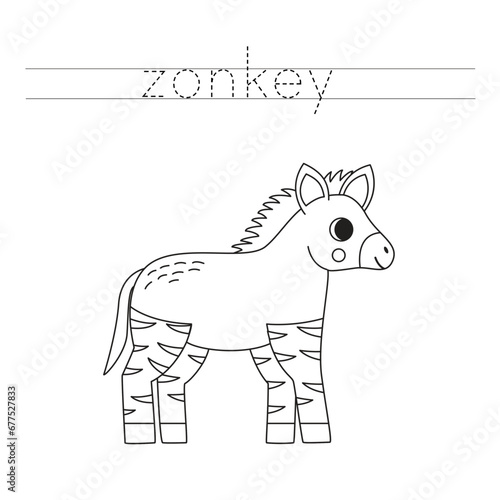 Trace the letters and color cartoon zonkey. Handwriting practice for kids.