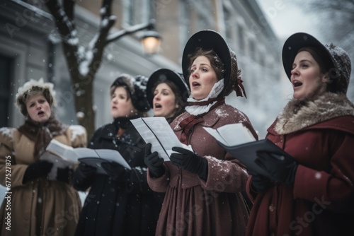 Carolers dressed victorian attire singing. Winter street outdoor road sing. Generate Ai photo
