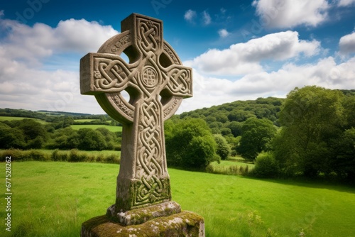 Celtic cross stone monument blue sky nature. Grave culture tourism sky tombstone. Generate Ai photo