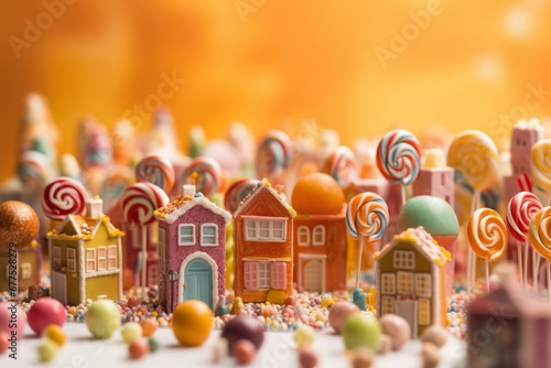 City candies lollipops dessert. Love child food art dream sweet. Generate Ai photo