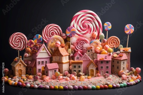 City candies lollipops dessert cream delicious. Celebration artistic creation tasty affection. Generate Ai photo