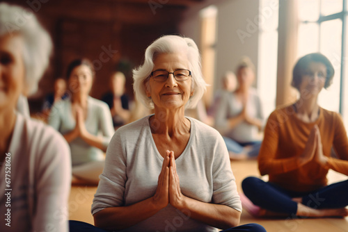 older women doing yoga