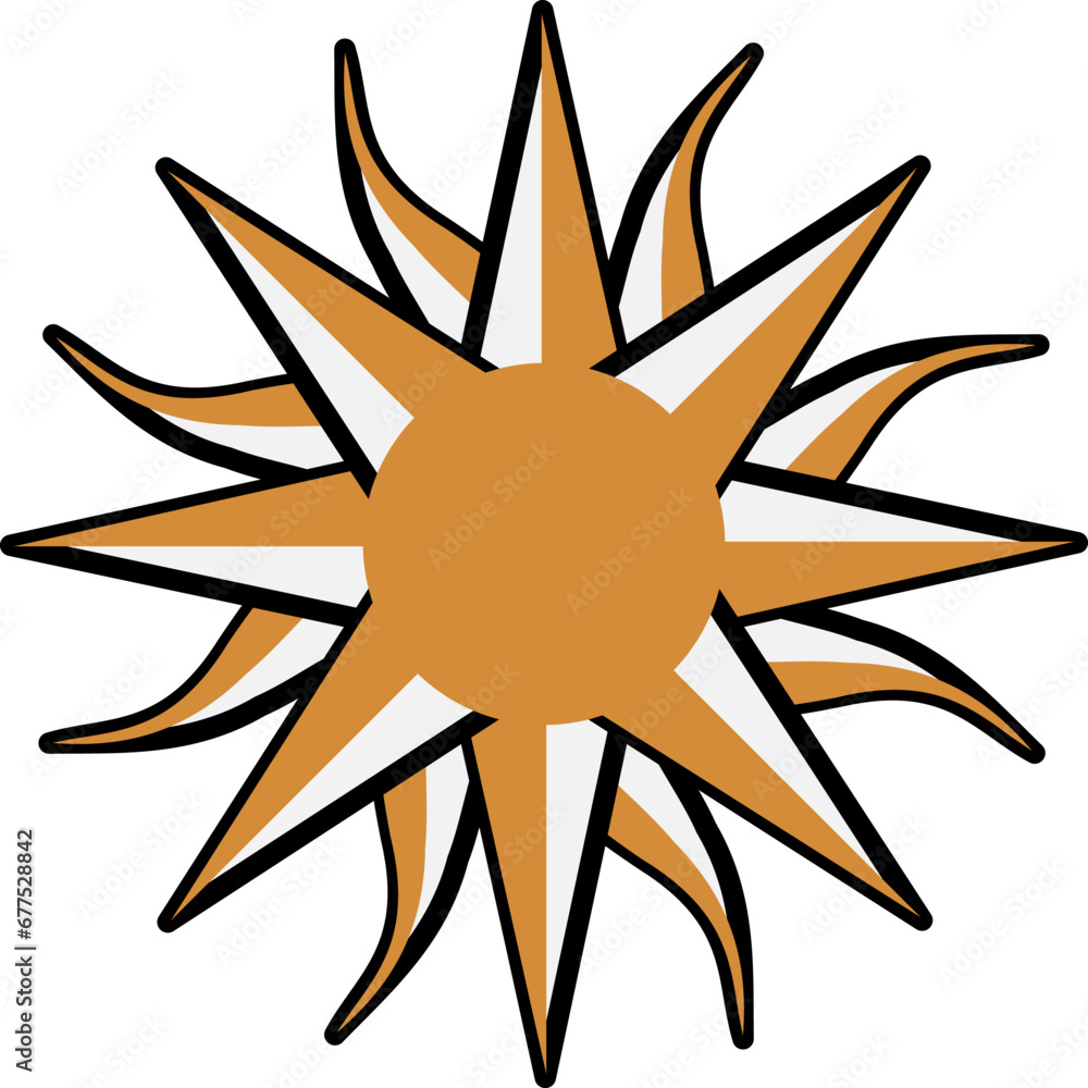Luxury boho style rays of bright hot sun symbol in black and gold colors. Religious mystical pictogram. Secret sacred vector sign isolated on white background for decoration of occult design Luxury boho style rays of bright hot sun symbol in black and gold colors. Religious mystical pictogram. Secret sacred vector sign isolated on white background for decoration of occult design