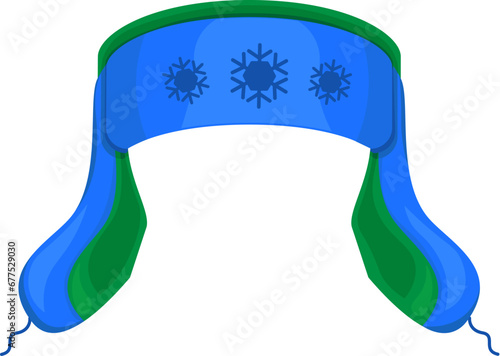 Bright hat, winter warm hat with earflaps. Festive, national, traditional headwear for cartoon vector illustration. Cap for selfie isolated on white background