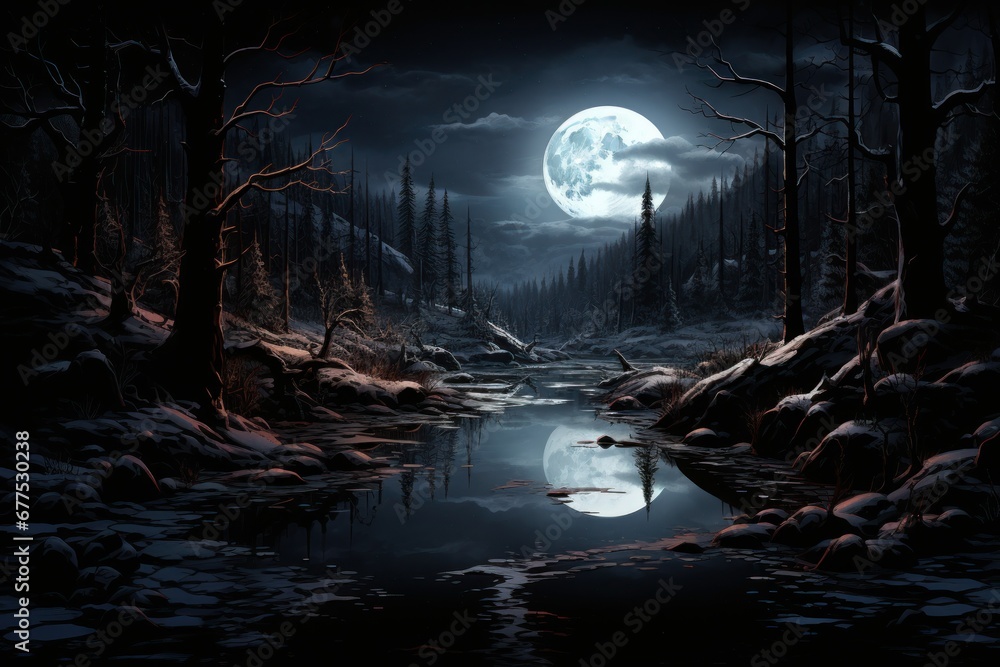 Fototapeta premium Frozen Lakeside Reflections - Generative AI