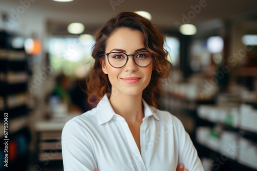 Portrait of a charming young Caucasian female pharmacist wearing glasses among shelves of medicines in a pharmacy. Experienced confident professional in the workplace. Healthcare and hygiene concept.