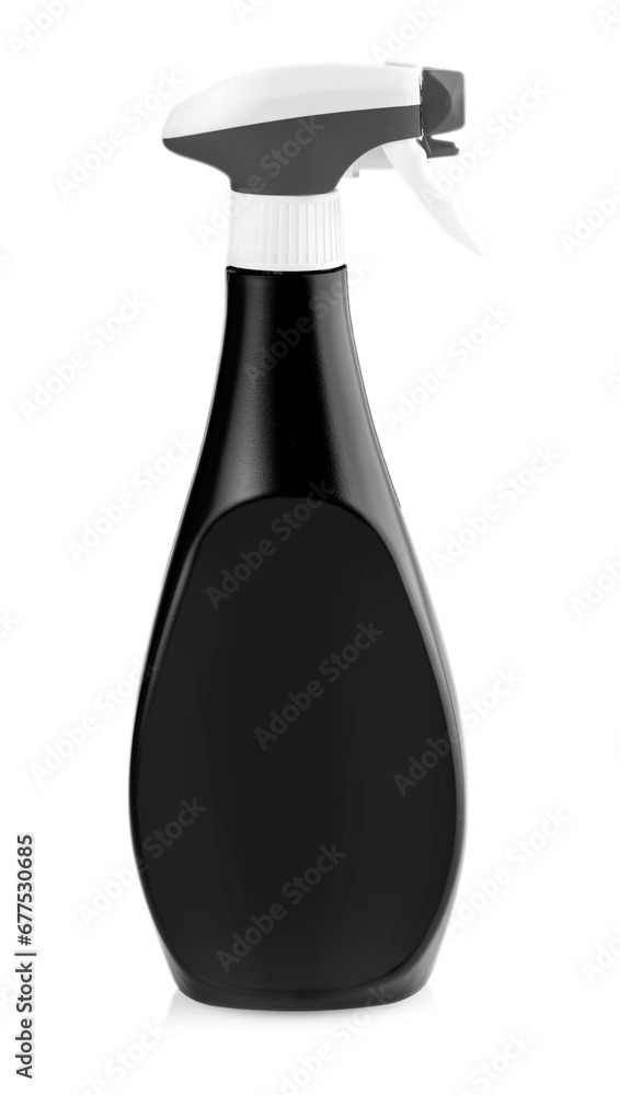 Black plastic bottles of cleaning products and flower. Isolated on white background Black plastic bottles of cleaning products and flower. Isolated on white background