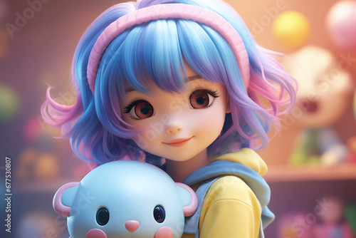 3D art illustration of asian cute little girl with blue hair hugging her toy  in pastel colors  pink and blue background. Animation cartoon charecter. Generative AI
