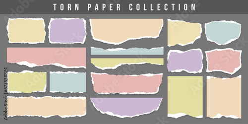 Colorful torn or ripped notebook paper strip collection. Realistic tear page, office note scrap or newspaper clip art. Text message label, torn paper texture and decoration ornament for social media.