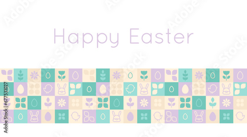 Easter geometric pattern with line icons. Bunny head, egg, simple chicken, flowers, leaves and plants in cages mosaic. Banner template. Minimal spring background. Vector holiday illustration.