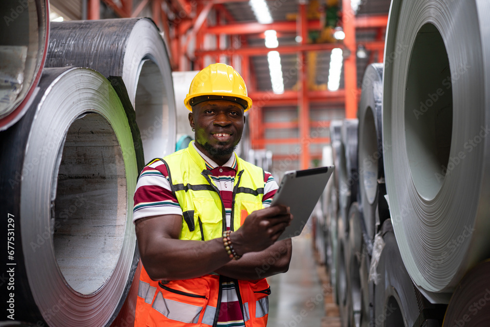 Portrait of male staff worker Standing counting and inspecting products in the metal sheet warehouse. Portrait of male staff worker Standing counting and inspecting products in the metal sheet warehouse.