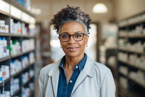 Portrait of a charming mature African American female pharmacist wearing glasses among shelves of medicines in a pharmacy. Experienced confident professional in the workplace. Copy space.