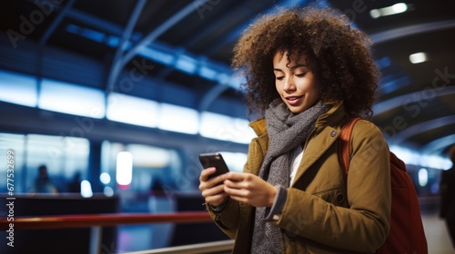 smart casual african traveller using smartphone checking timetable train schedule for her trip with application on mobile platform woman travel concept in airport