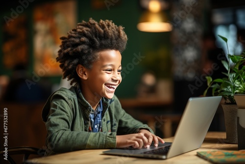 Smiling African American boy sitting at desk with laptop in cozy room. Smart black kid doing his homework, having online lesson, participating in web meeting with tutor. Home schooling concept.