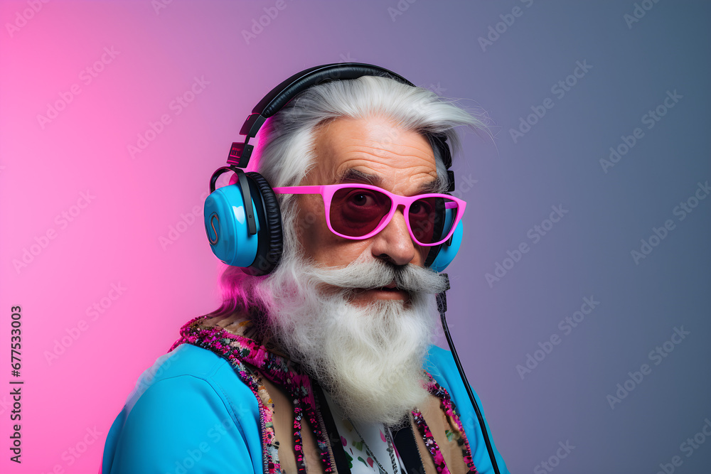 studio portrait of senior gamer man wearing headphones isolated on pink blue background