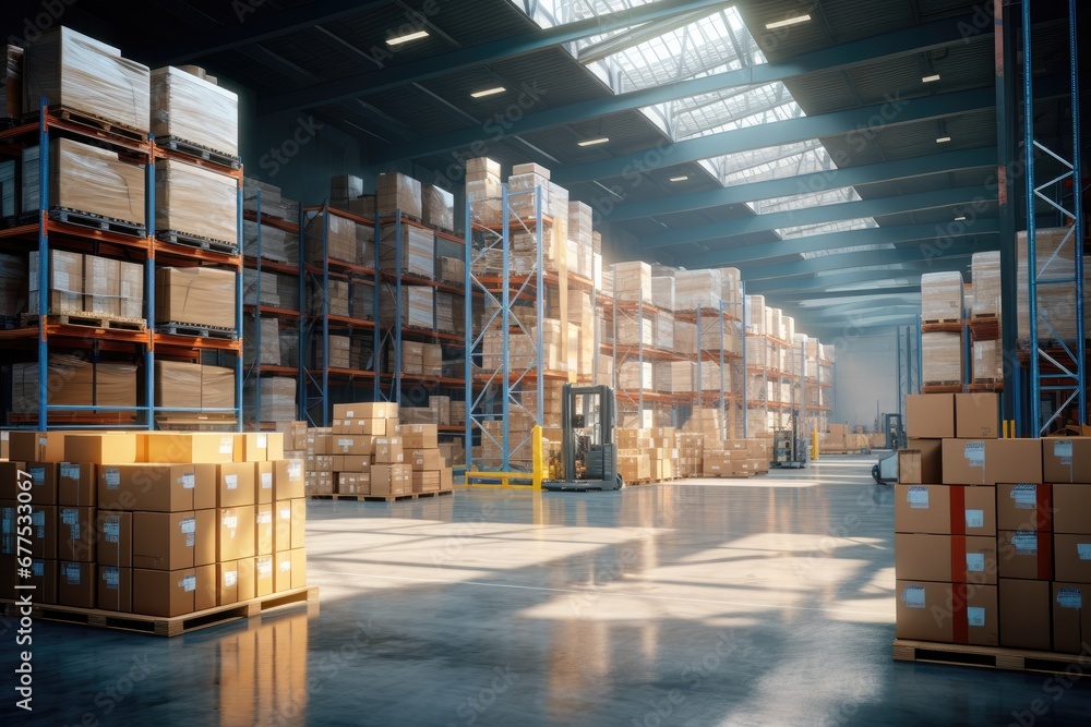 Interior of a modern warehouse storage of retail shop with pallet truck near shelves. Interior of a modern warehouse storage of retail shop with pallet truck near shelves.