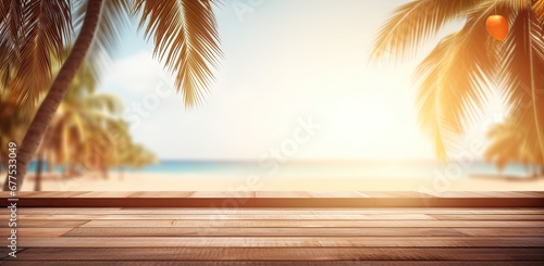 wood floor on blur of sea, ocean, beach, background - can used for display or montage your products.