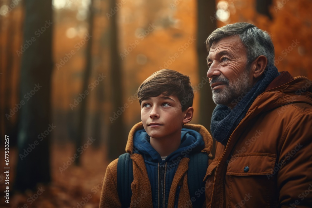 Father and son autumn forest walk. Smiling happy male nature active. Generate Ai Father and son autumn forest walk. Smiling happy male nature active. Generate Ai