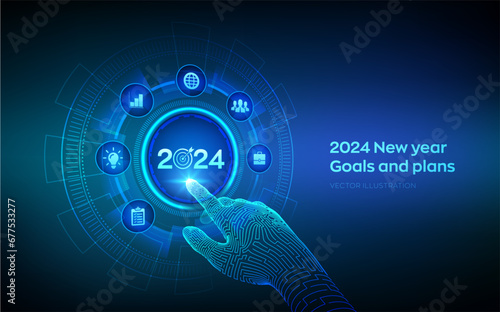 2024 New year Goals and plans. Business plan and strategies. Goal acheiveement and success in 2024. Resolutions, plan, action, checklist concept. Wireframe hand touching digital interface. Vector.