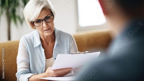 psychology, mental health and people concept - psychologist with notebook and woman patient at psychotherapy session photo