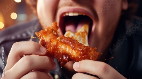 man eating a takeaway fried chicken wing from fast food cafe with a mouth and teeth close up