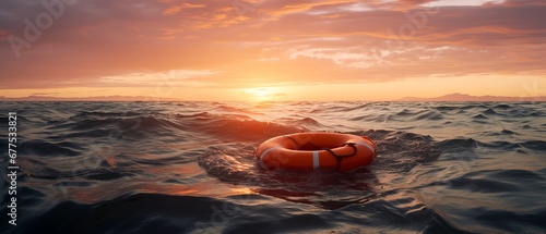 orange lifebuoy floating at sea sunset sunrise, wide horizontal banner