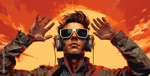 an illustration of a man listening to a boombox through headphones, styled in a retro poster aesthetic, Generative AI