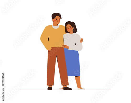 Love couple stand and embrace each other. White man and woman hug and looks happiness. Happy young family or siblings concept. Valentine and romantic relationships vector illustration